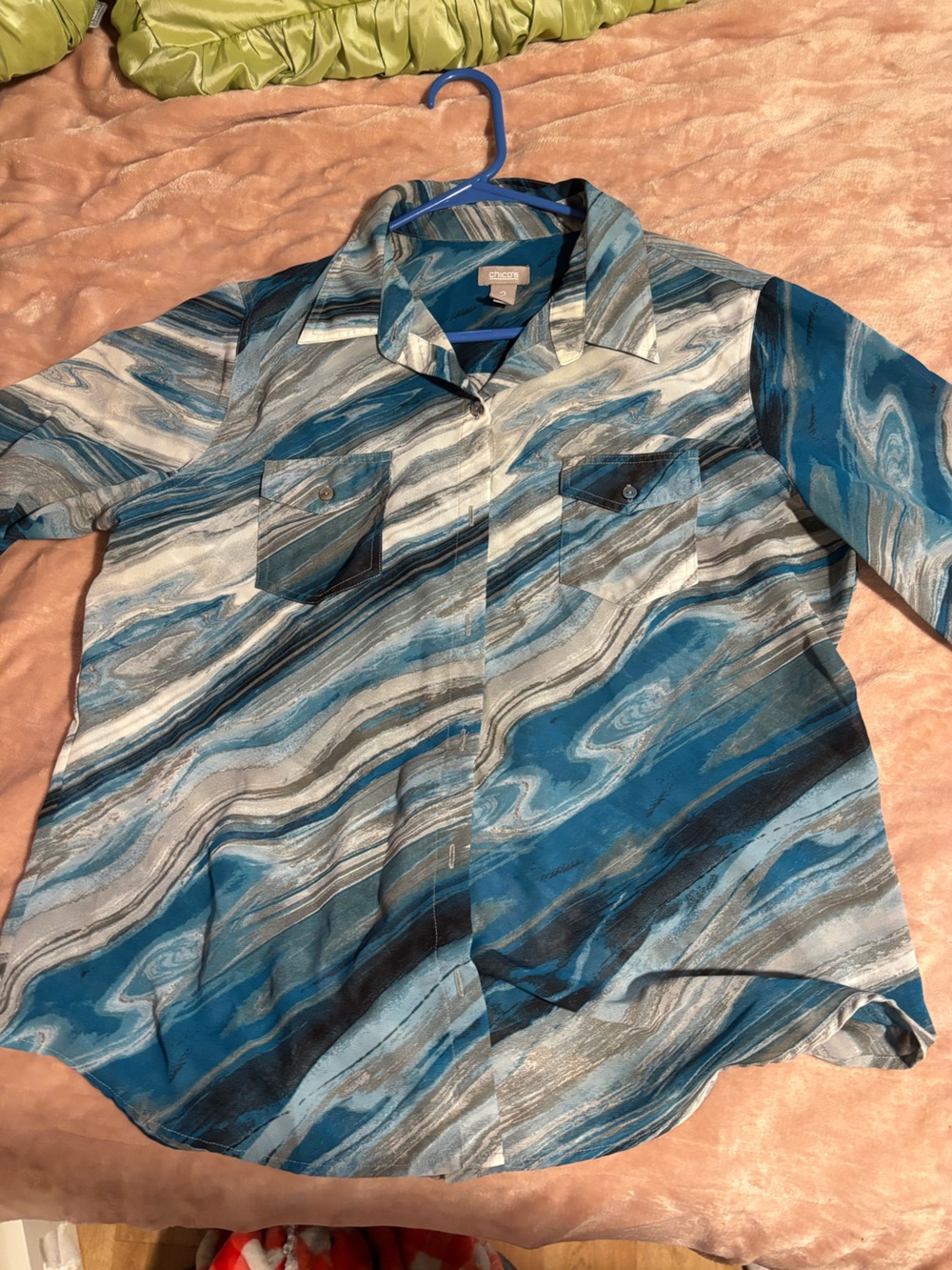 Chico's Blue Marble-Print Short Sleeve Button-Down Shirt